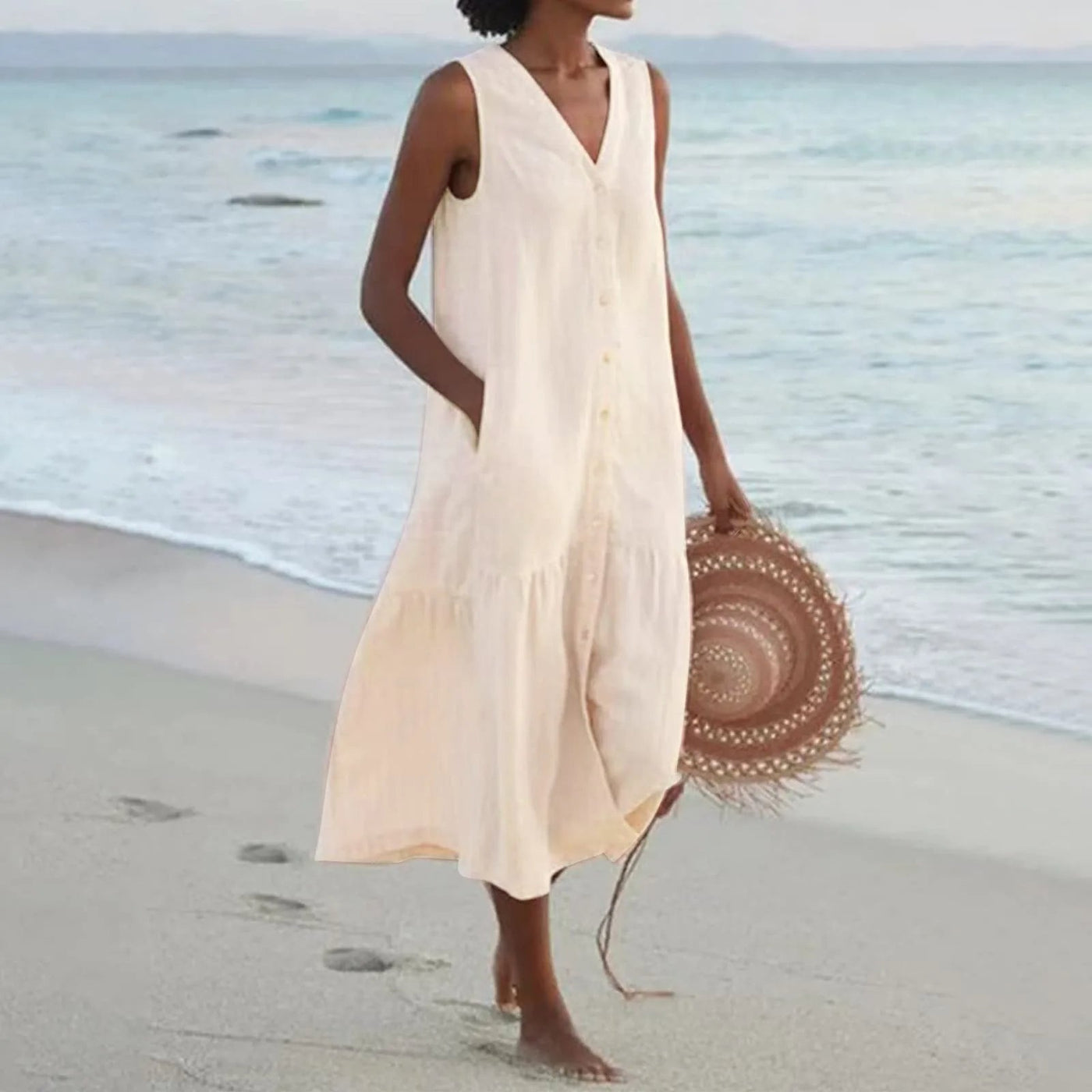 Lada Leinenkleid mit V Ausschnitt