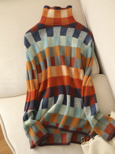 Marisol® | Lockerer karierter Strickpullover mit Rollkragen