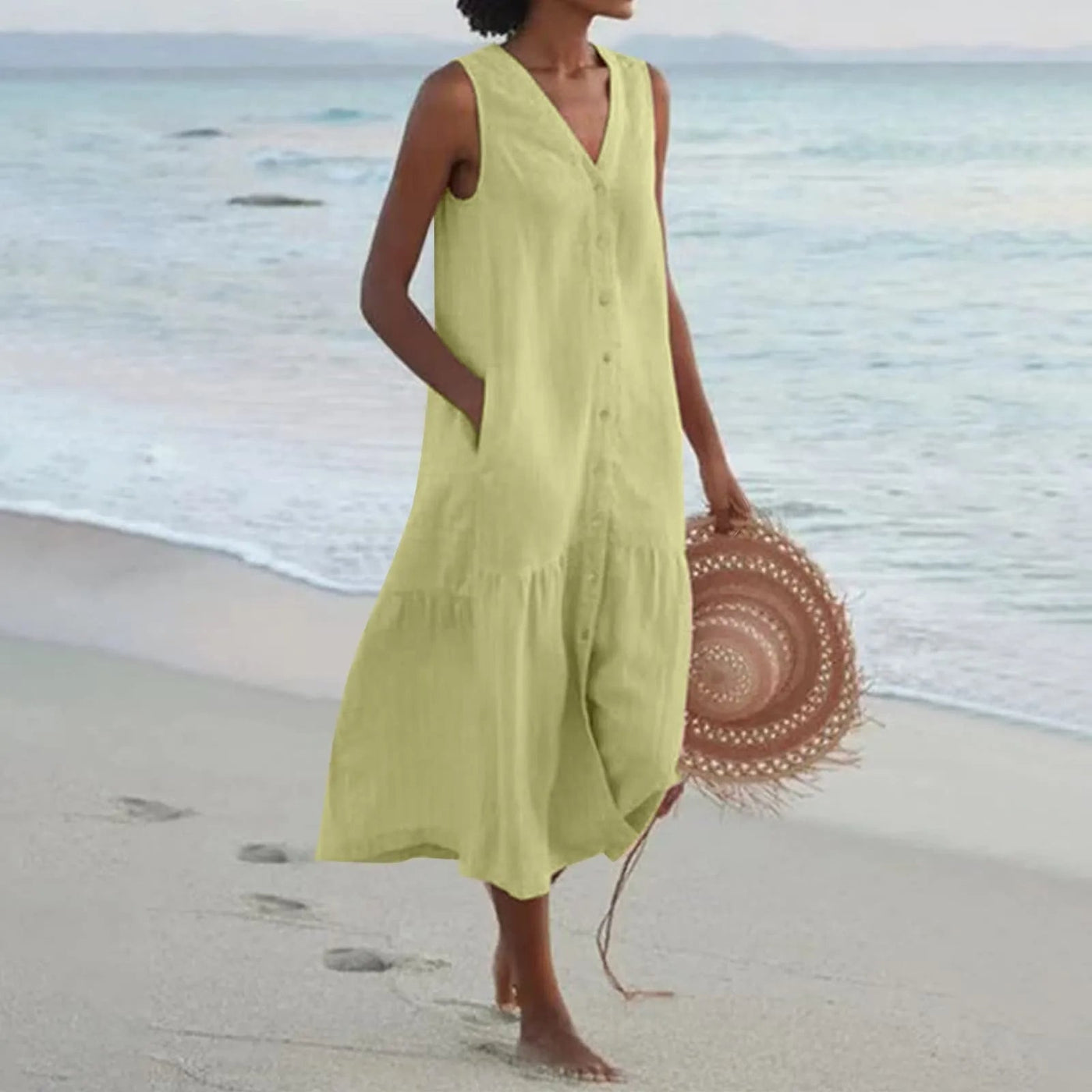 Lada Leinenkleid mit V Ausschnitt