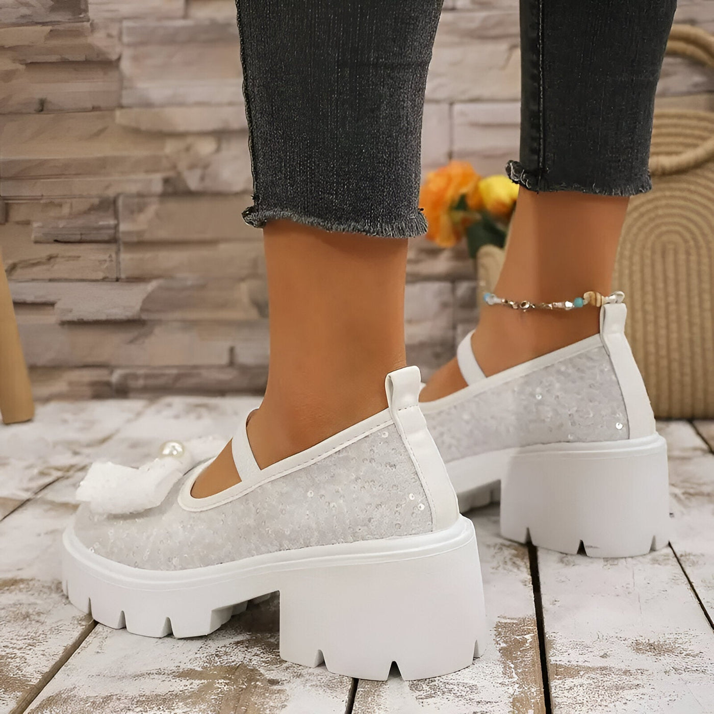 Lina | Schicke Damen Loafers mit Perle und Schleife