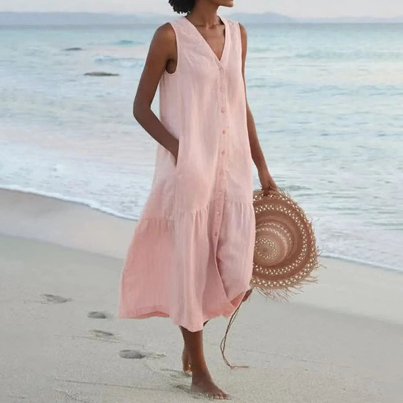 Lada Leinenkleid mit V Ausschnitt