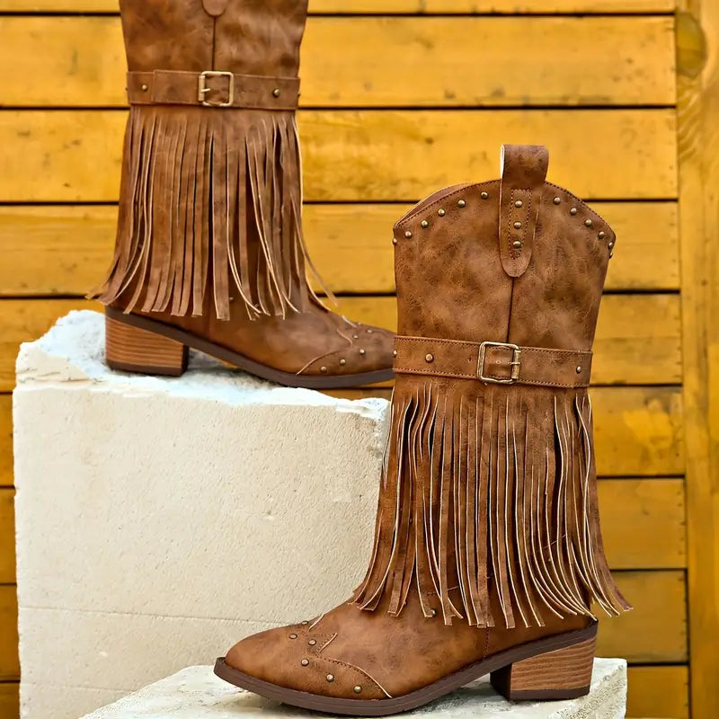 Lane | Damenstiefel mit Fransendekor und dickem Absatz
