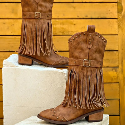 Lane | Damenstiefel mit Fransendekor und dickem Absatz