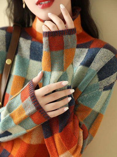 Ariadna® | Lockerer karierter Strickpullover mit Rollkragen