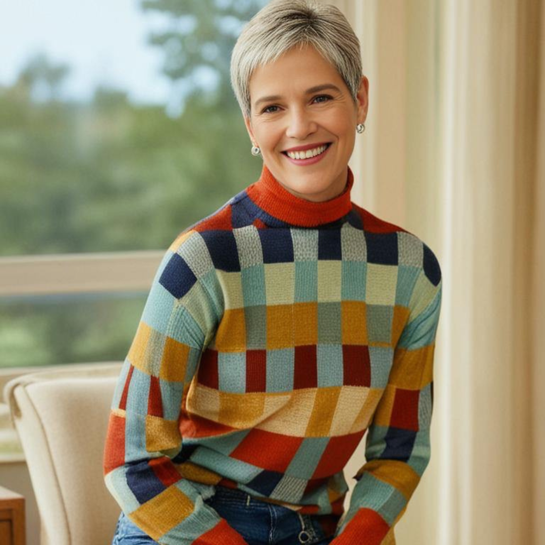 Marisol® | Lockerer karierter Strickpullover mit Rollkragen