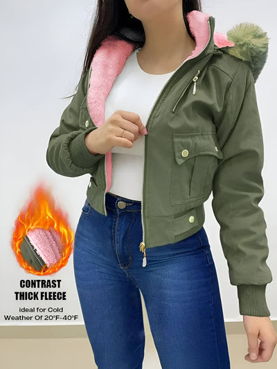 Angela | Schicke Magenta Fleece-gefütterte Kapuzenjacke mit Taschen