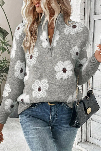 Junia® | Geblümter Pullover mit halbem Reißverschluss