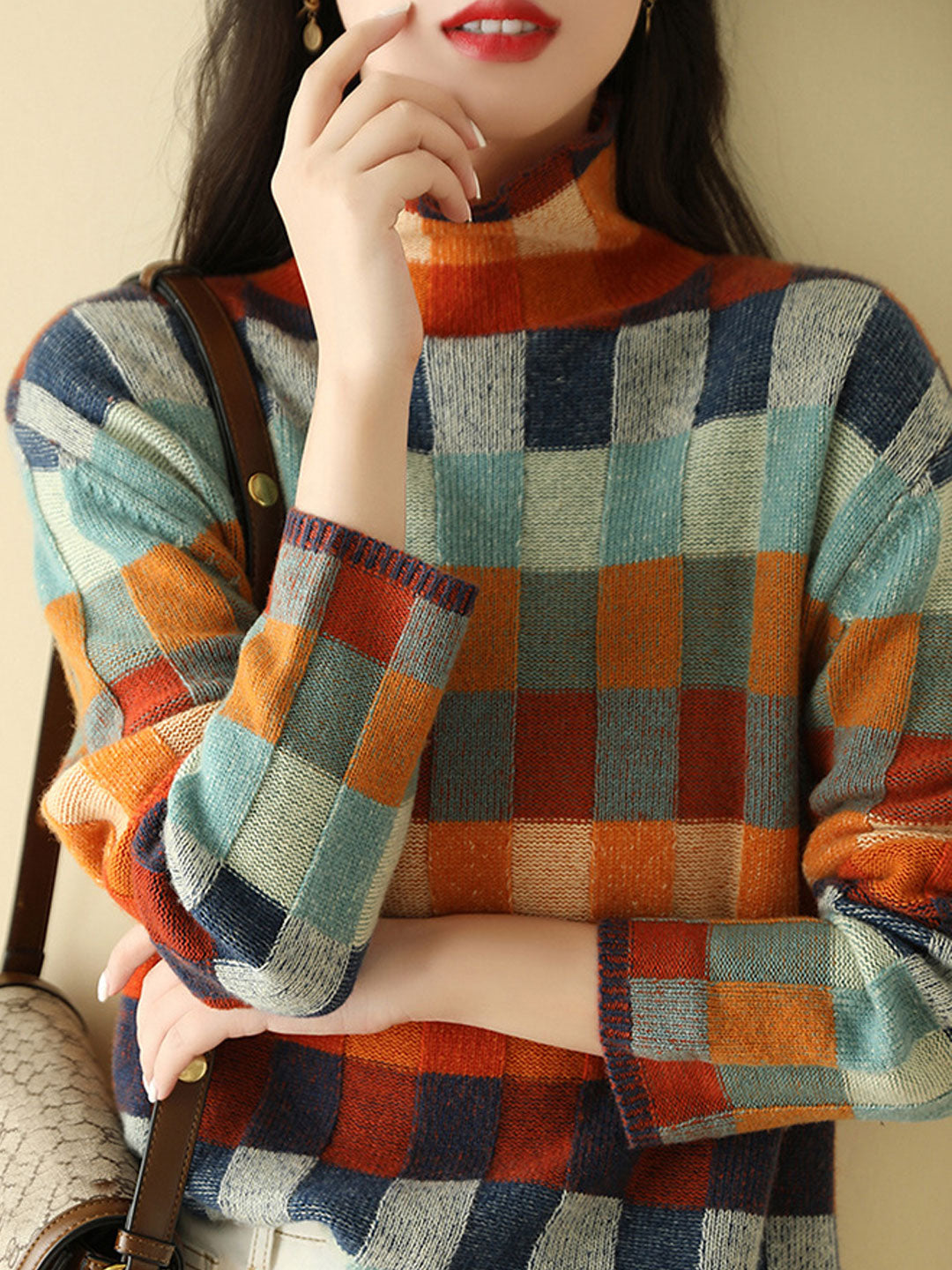Ariadna® | Lockerer karierter Strickpullover mit Rollkragen