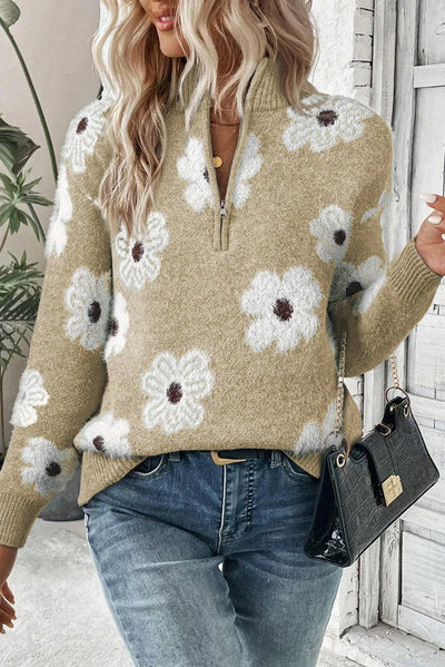 Junia® | Geblümter Pullover mit halbem Reißverschluss