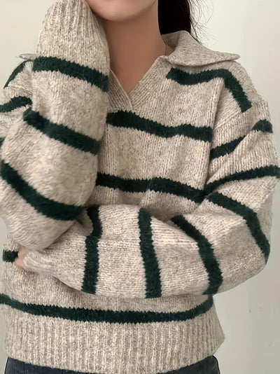 Reese - Mühelose Eleganz Gestreifter V-Ausschnitt Strickpullover