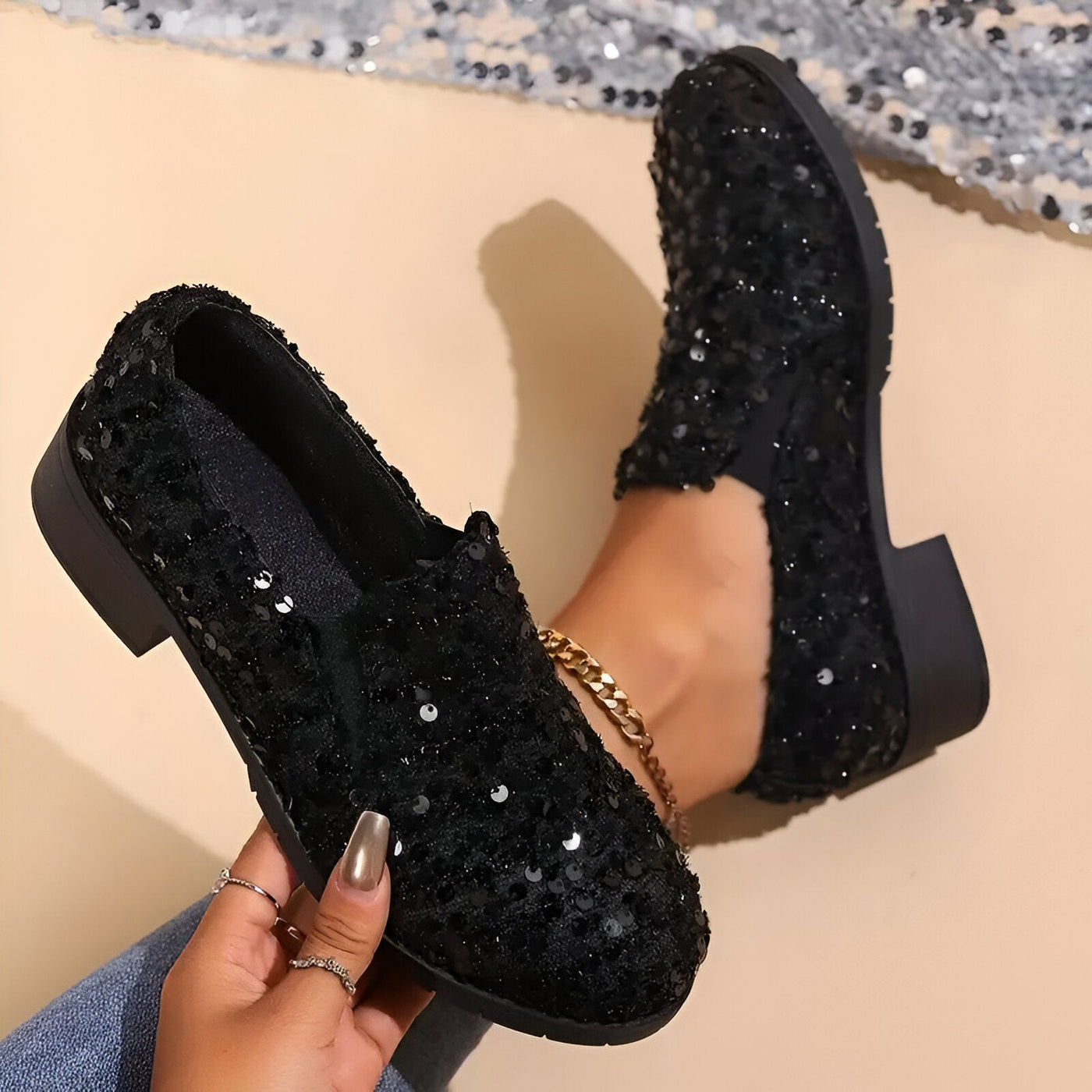 Mona | Stylische Loafer mit Chunky Heel und Pailletten