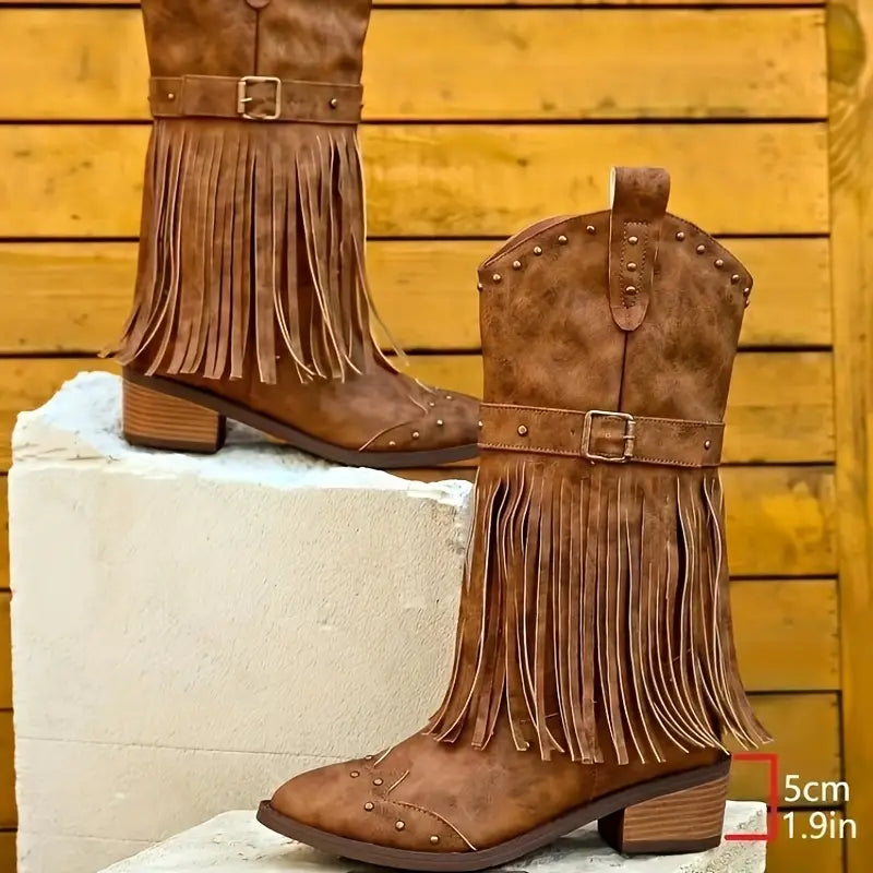 Lane | Damenstiefel mit Fransendekor und dickem Absatz