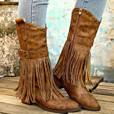 Lane | Damenstiefel mit Fransendekor und dickem Absatz
