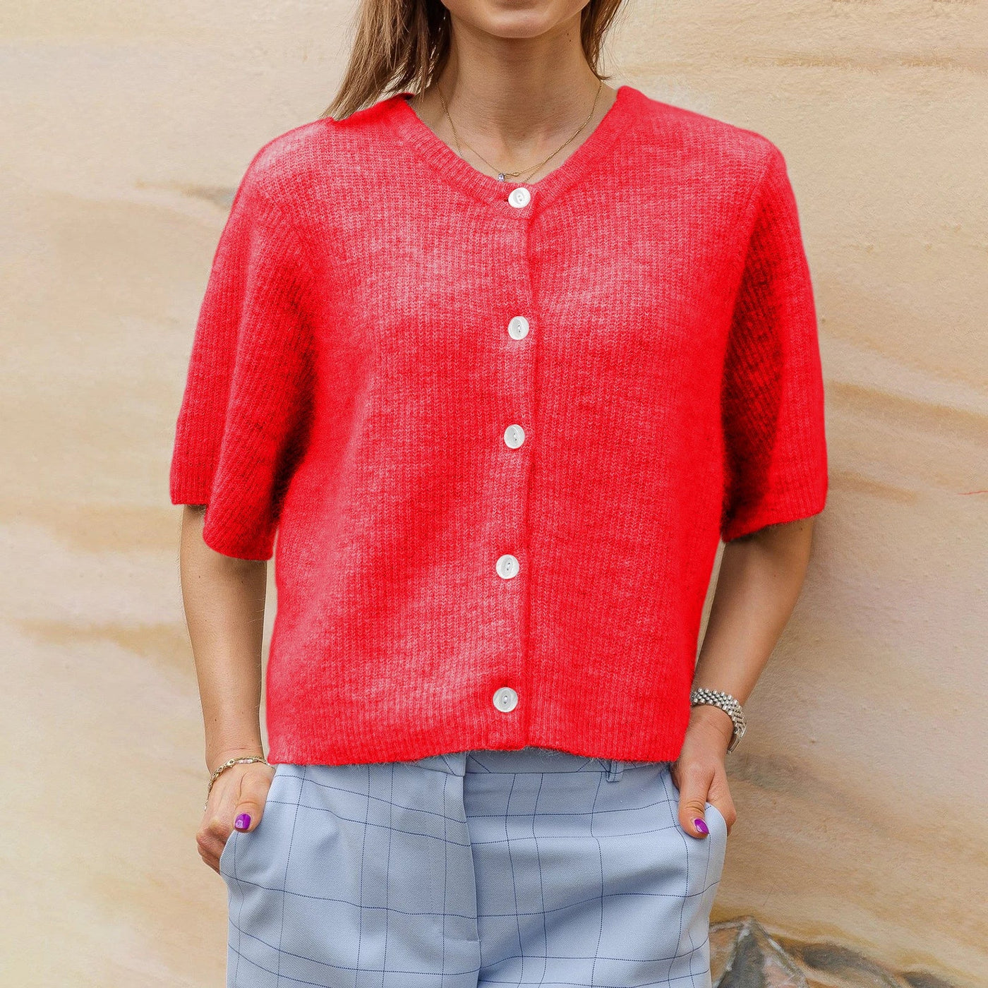 Mikai | Rundhalsausschnitt Kurzarm-Strickjacke Streetwear