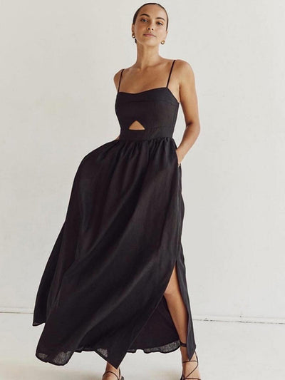 Benedikta | Ärmelloses Maxi-Kleid aus Leinen mit Cut-Out-Detail und Spaghettiträgern