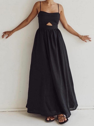 Benedikta | Ärmelloses Maxi-Kleid aus Leinen mit Cut-Out-Detail und Spaghettiträgern