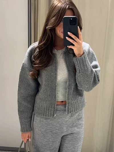 Baur Modehaus | Grau O-neck Knit Frauen Pullover Jacke Mode