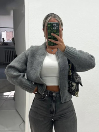 Baur Modehaus | Grau O-neck Knit Frauen Pullover Jacke Mode