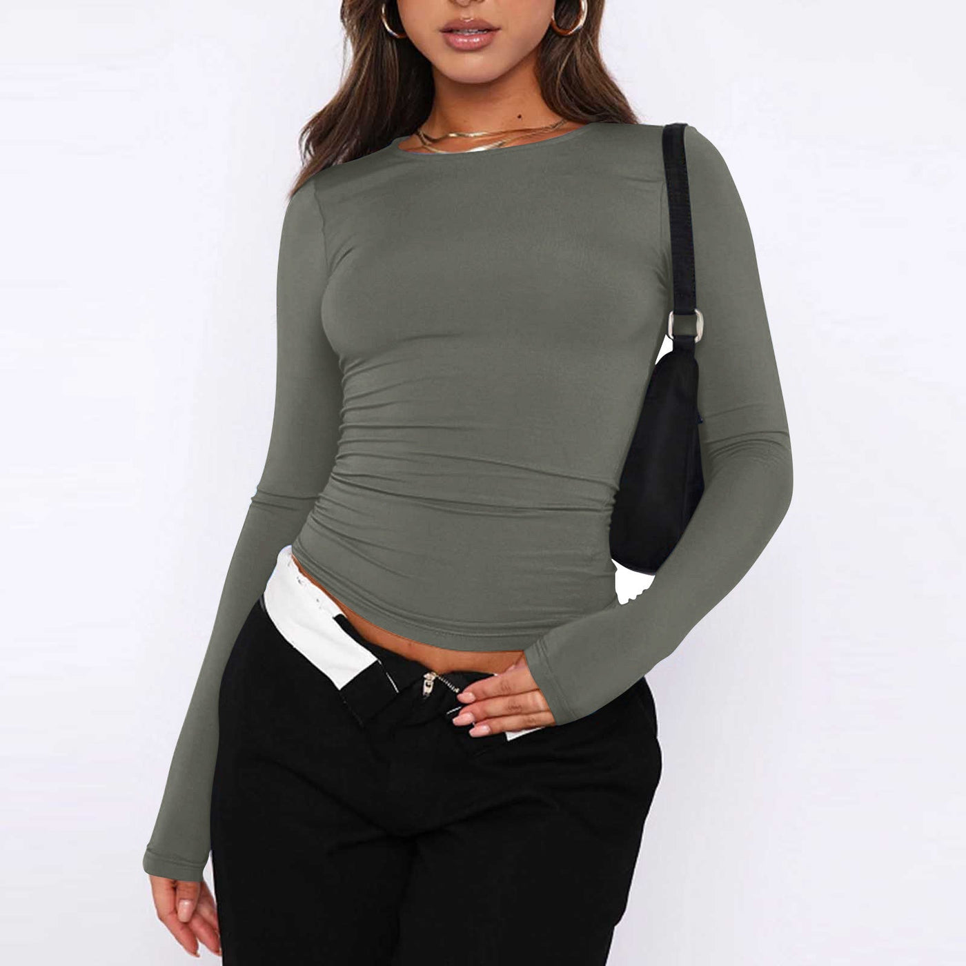 Asa | Damenmode feste Farbe Rundhalsausschnitt Langarm T-Shirt Top