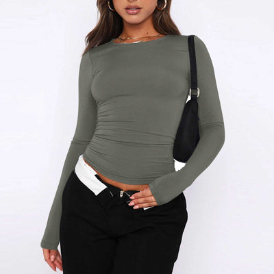 Asa | Damenmode feste Farbe Rundhalsausschnitt Langarm T-Shirt Top