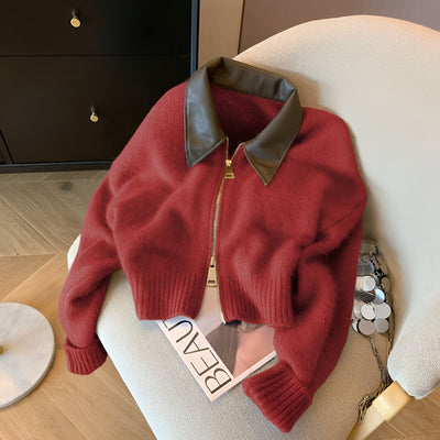 Elvira | Trendiger Strickpullover mit geteilter Lederkragen