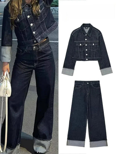 Damen Denim-Anzug – 2-teiliges Set mit Cropped Jeansjacke