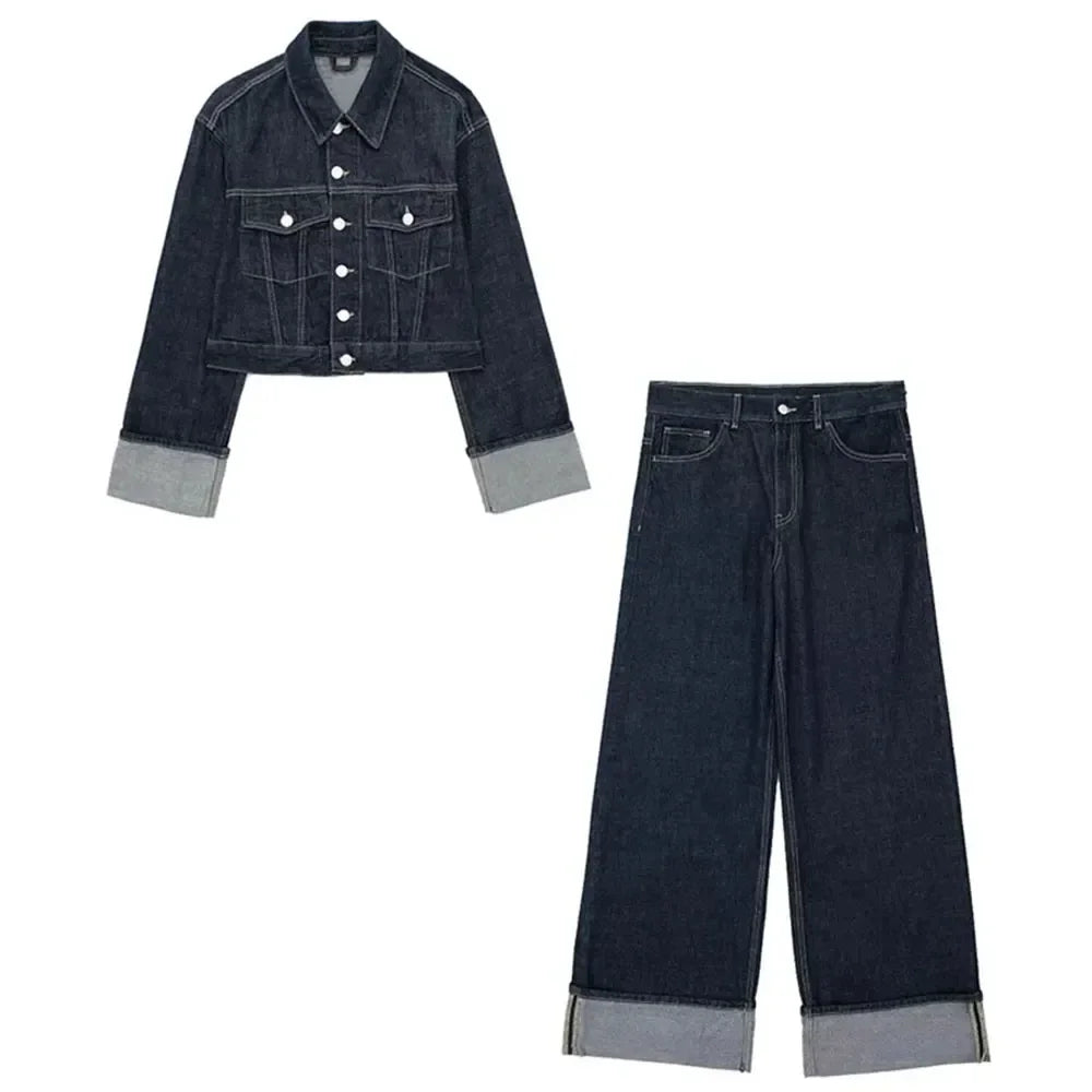 Damen Denim-Anzug – 2-teiliges Set mit Cropped Jeansjacke