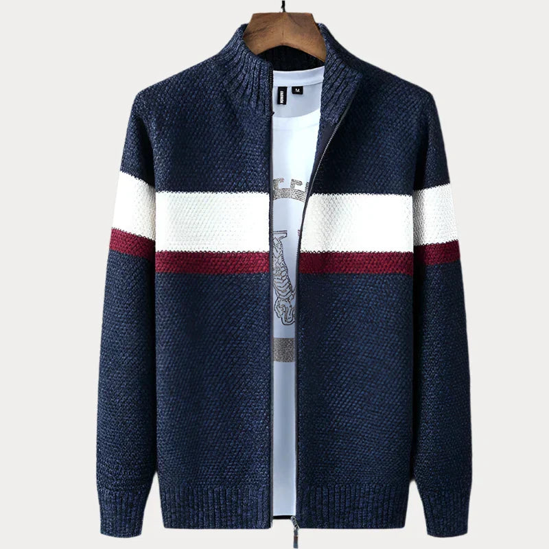 Gestreifte Strickjacke mit Stehkragen für Herren