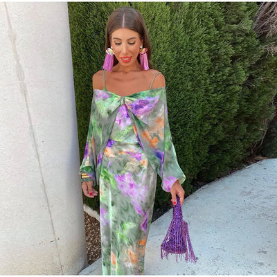 Anisten - Stilvolles Maxi-Kleid mit Halo-Dye-Print und abnehmbarem Schal