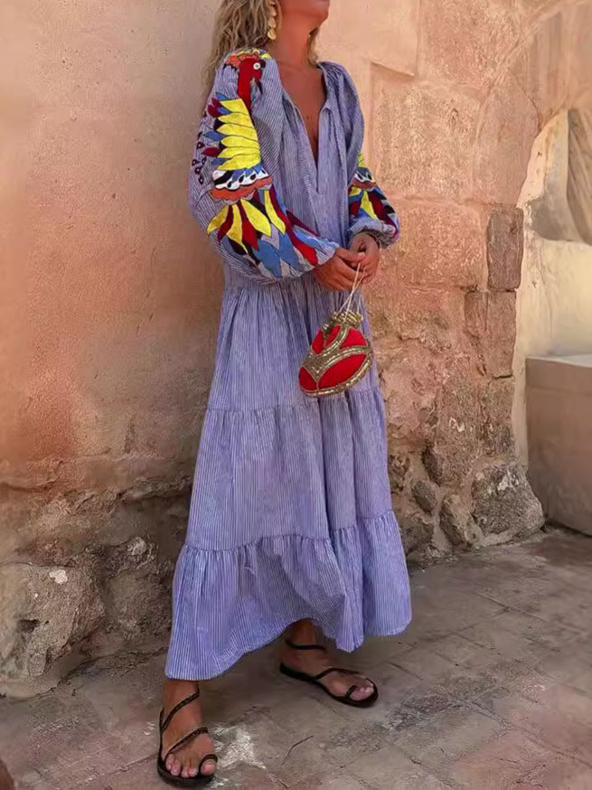 Tina- Damen Maxikleid mit bunten Puffärmeln und V-Neck