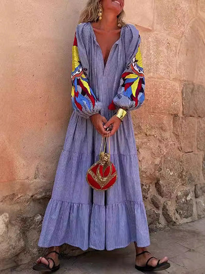 Tina- Damen Maxikleid mit bunten Puffärmeln und V-Neck
