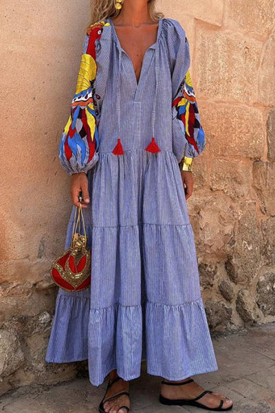 Tina- Damen Maxikleid mit bunten Puffärmeln und V-Neck