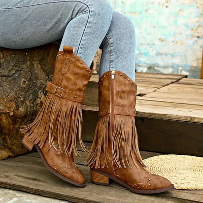 Lane | Damenstiefel mit Fransendekor und dickem Absatz