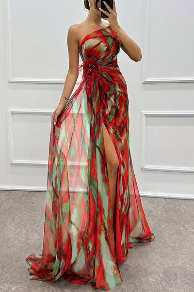Claudia - Schulterfreies Maxikleid mit Aquarellprint, Federrosen & Schlitz