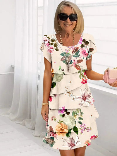 PLISSEE KLEID MIT RÜSCHEN UND BLUMENMUSTER
