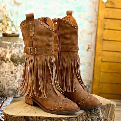 Lane | Damenstiefel mit Fransendekor und dickem Absatz