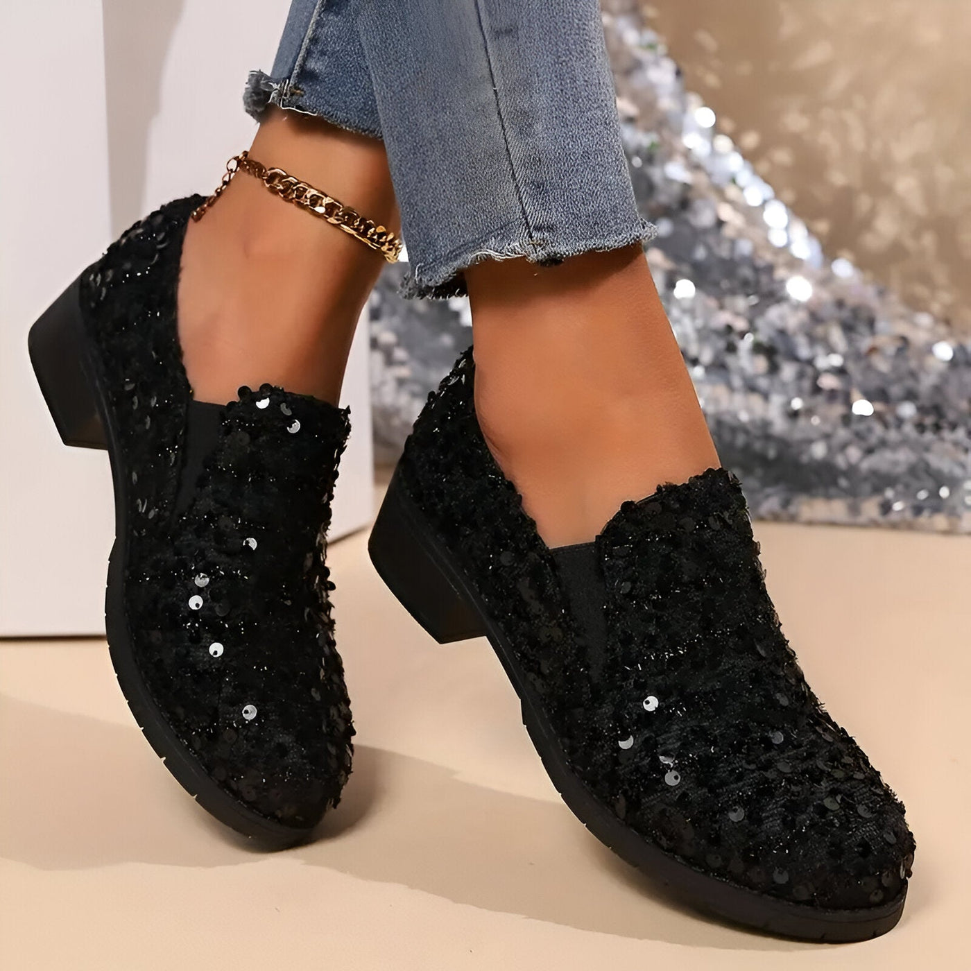 Mona | Stylische Loafer mit Chunky Heel und Pailletten
