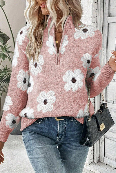 Junia® | Geblümter Pullover mit halbem Reißverschluss
