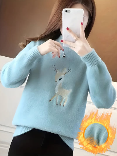 Annegret | Bequemer Mock-Neck-Pullover mit süßem Hirschmuster