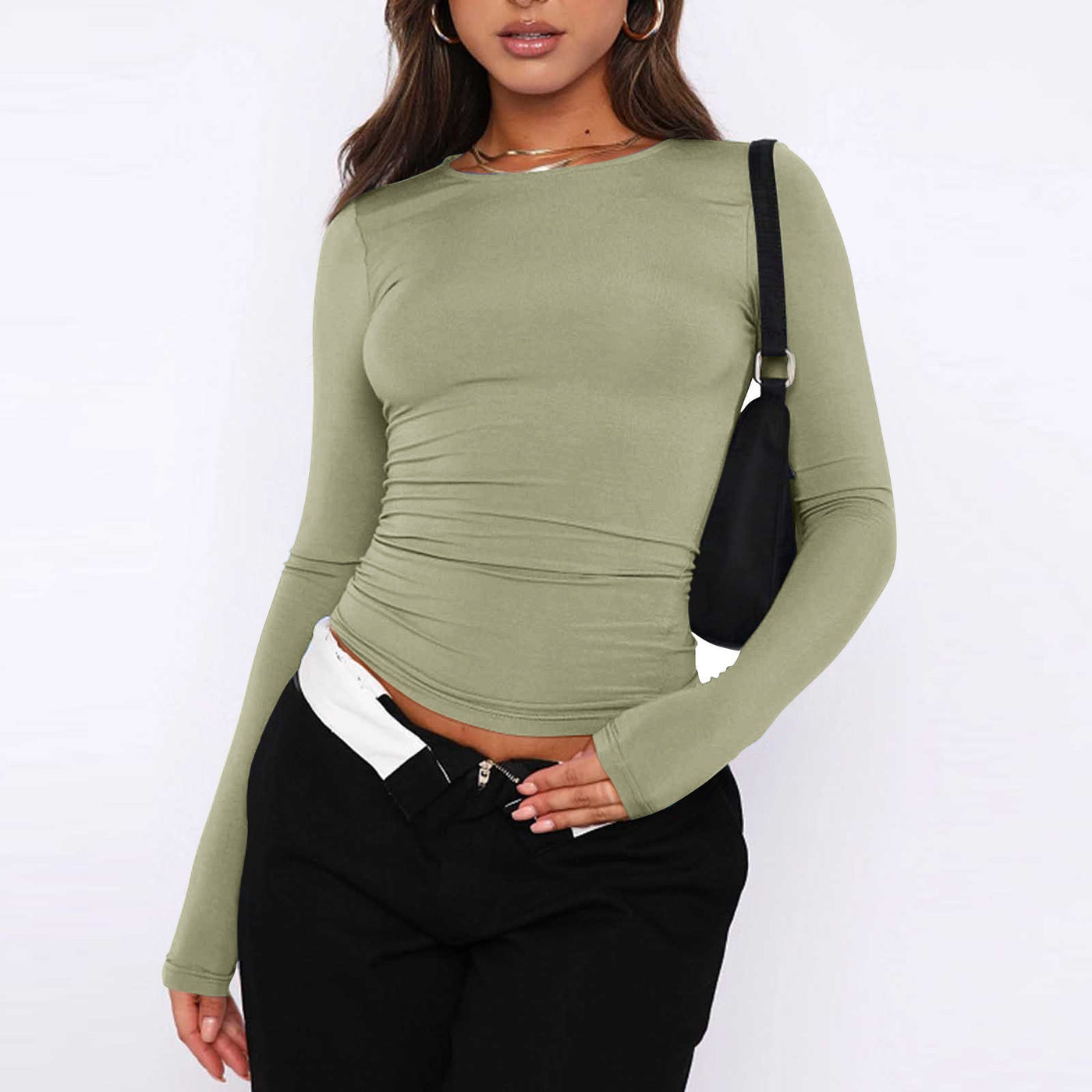 Asa | Damenmode feste Farbe Rundhalsausschnitt Langarm T-Shirt Top