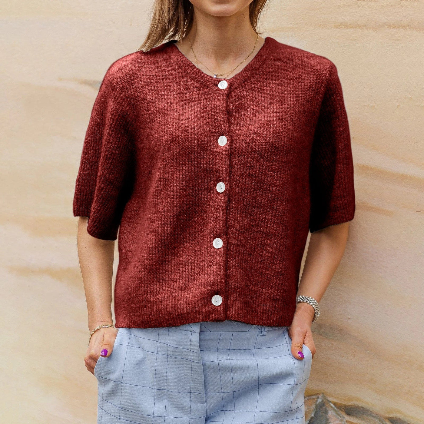 Mikai | Rundhalsausschnitt Kurzarm-Strickjacke Streetwear