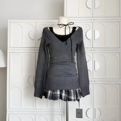 Klementine | Frau Gyaru Coquette V-Ausschnitt Französisch Vintage Pullover Langarm