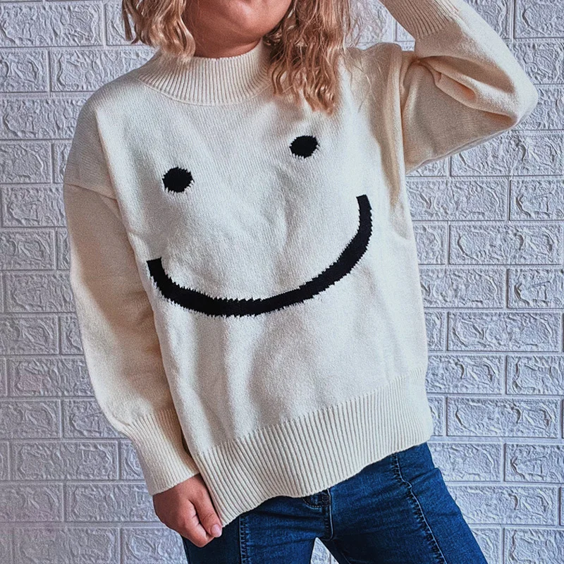 Finni |  Herbst Niedliches Smiley-Muster Langarmshirt