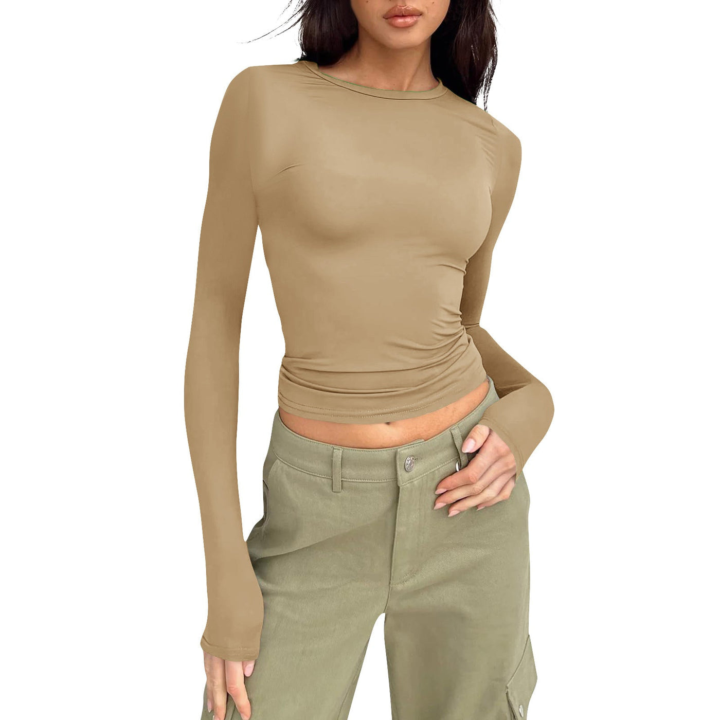 Asa | Damenmode feste Farbe Rundhalsausschnitt Langarm T-Shirt Top
