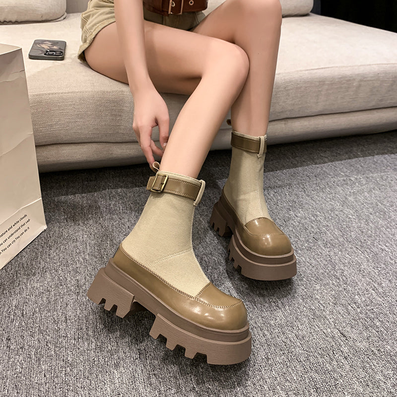 Jordan | Frauen Plattform Stiefeletten 2024 Herbst Canvas Quadrat Heels Schuhe